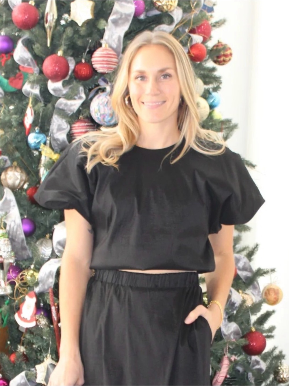 Adrienne Black Puff-Sleeve Crop Top